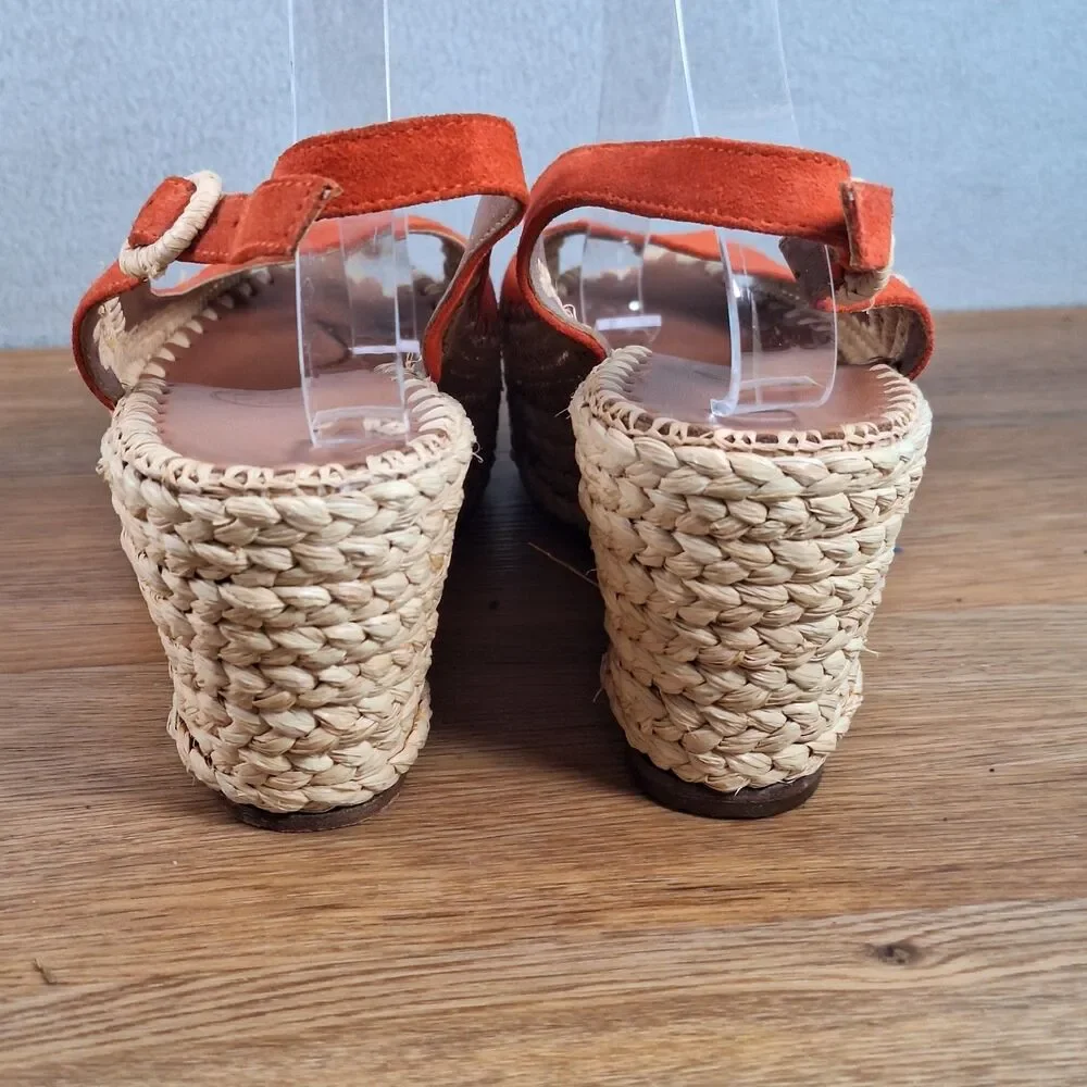 Tory Burch Espadrille Wedge Sandals Women's 9 Orange Jute Leather Platform Heels
